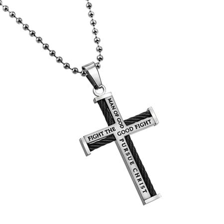 Man Of God Stainless Steel Cable Cross Necklace  - 1 Timothy 6:10 - Image 3