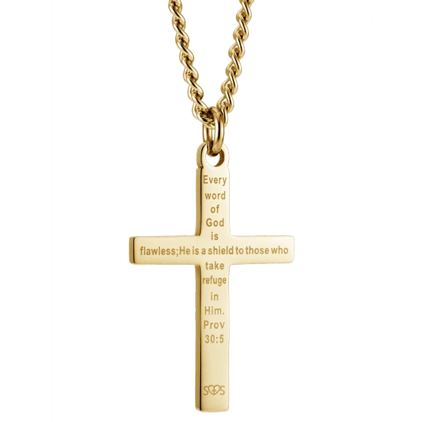 Men's Yellow Gold Plated Flag Cross Necklace - Proverbs 30:5 - Image 2