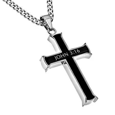 Men's Stainless Steel Black Cross Necklace - John 3:16 - Image 2