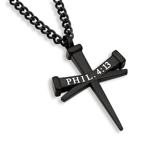 Men's Black Three Nail Cross Necklace Philippians 4:13 - Image 2