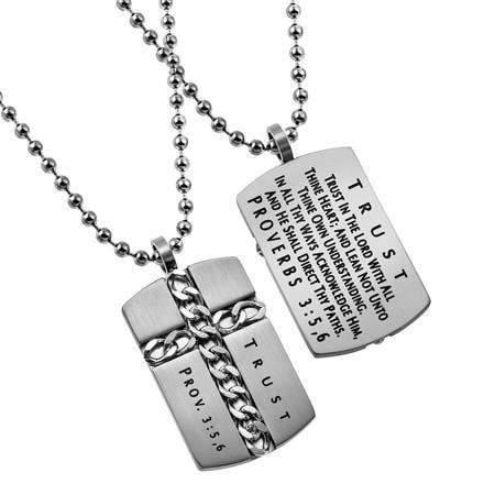 Men's Christian Dog Tag Cross Necklace Proverbs 3:5 Trust