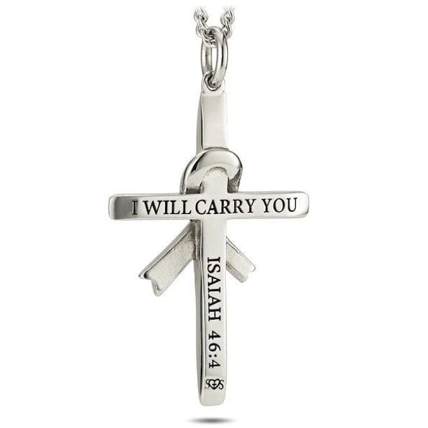 Women's Crystal Ribbon Cross Necklace - Isaiah 46:4 - Image 2