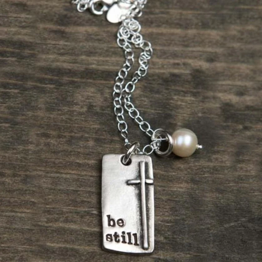Women's Pewter Be Still And Know Necklace With Pearl Psalm 46:10